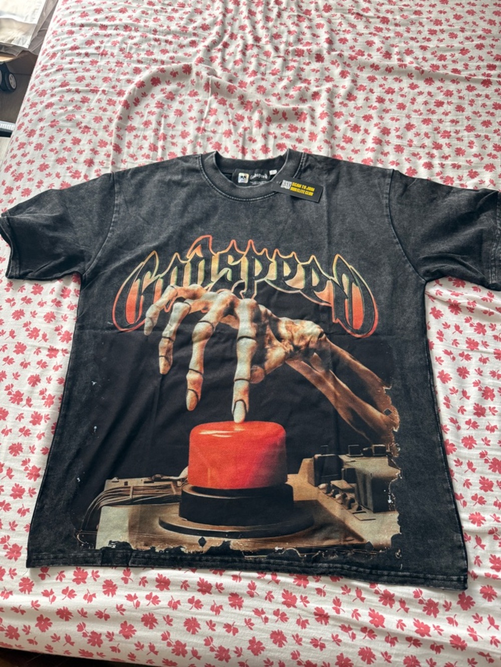 Godspeed - Black Graphic Short Sleeve Tee with Skeleton Button Design